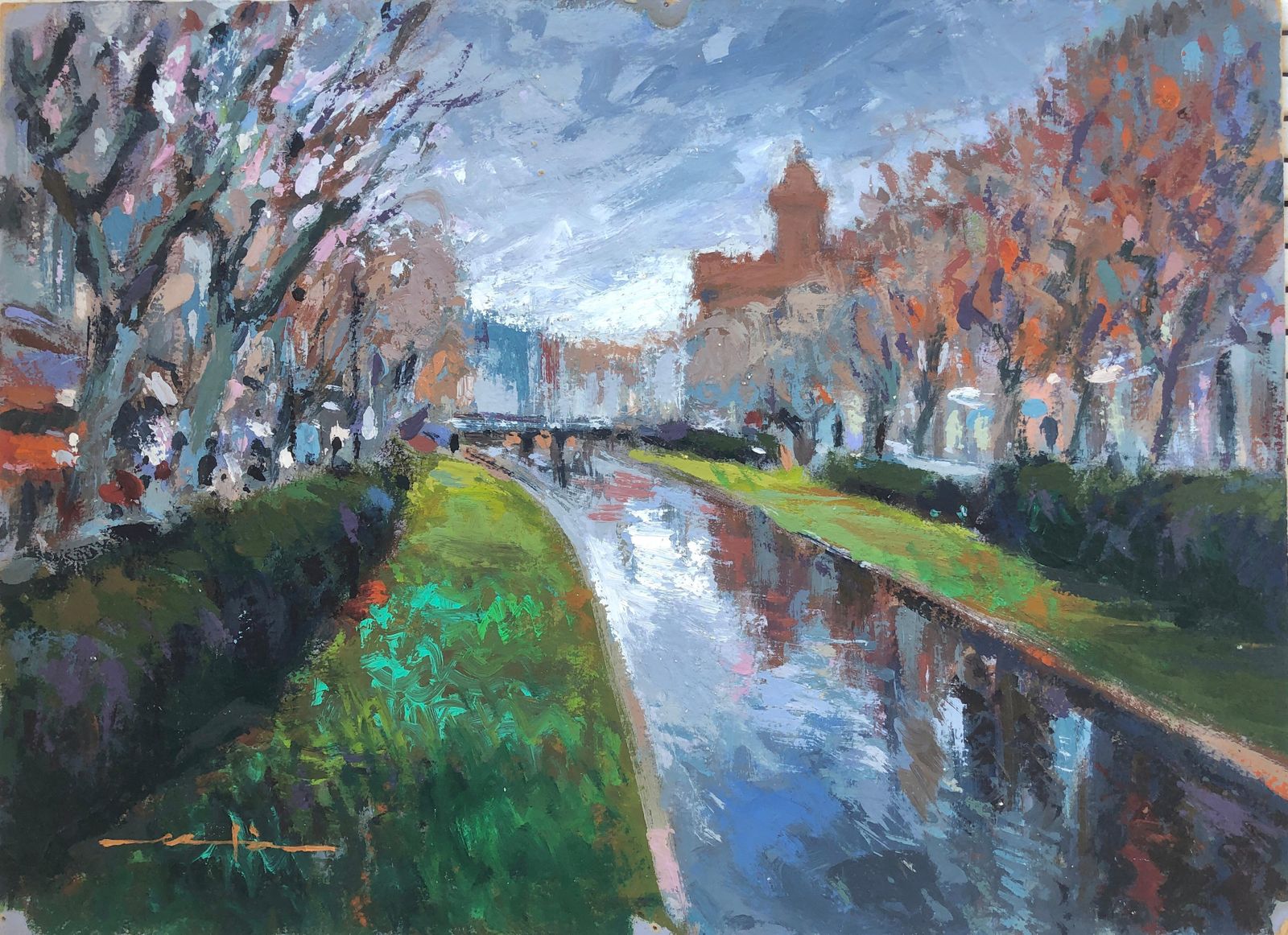 Josep Marfa Guarro European Urbanscape And River Original Oil On Cardboard Painting C.1990