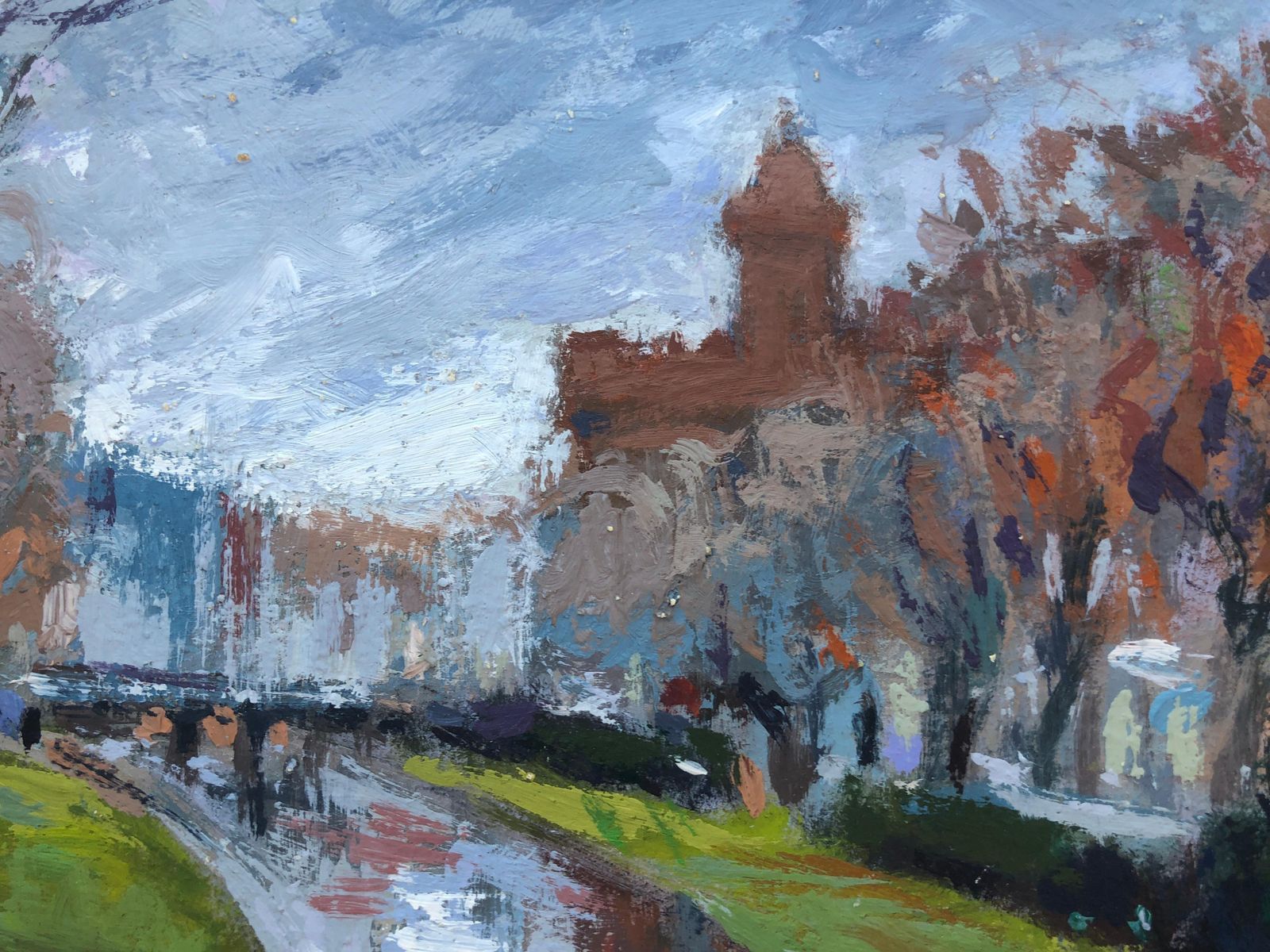 Josep Marfa Guarro European Urbanscape And River Original Oil On Cardboard Painting C.1990 photo Art