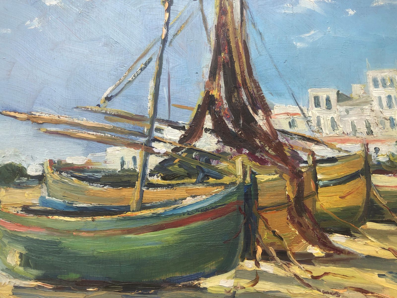 Unknown Mediterranean Fishing Boats Beach Catalonia Coastal Impressionist Oil Spanish C.1945 photo buy