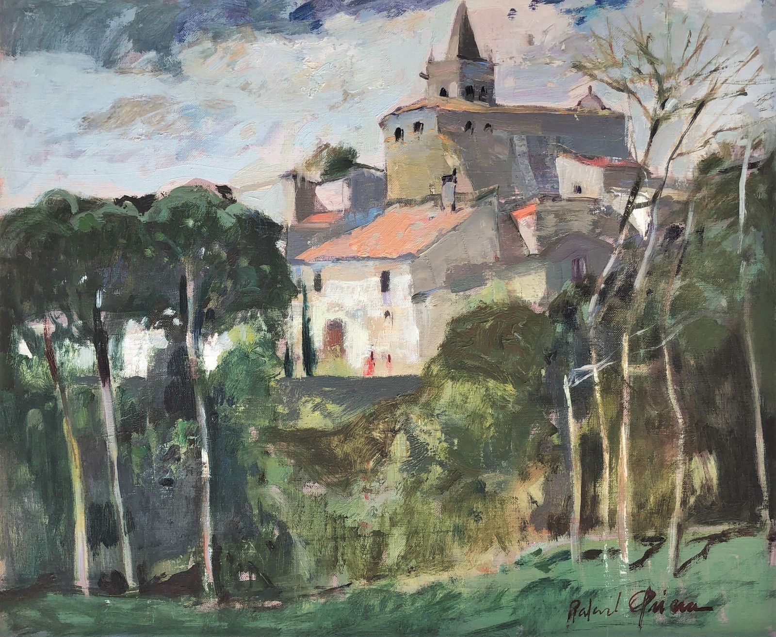 Rafael Griera Calderón Post Impressionist Mediterranean Village With Church, Spanish Landscape Oil On Canvas, Framed, C.1995