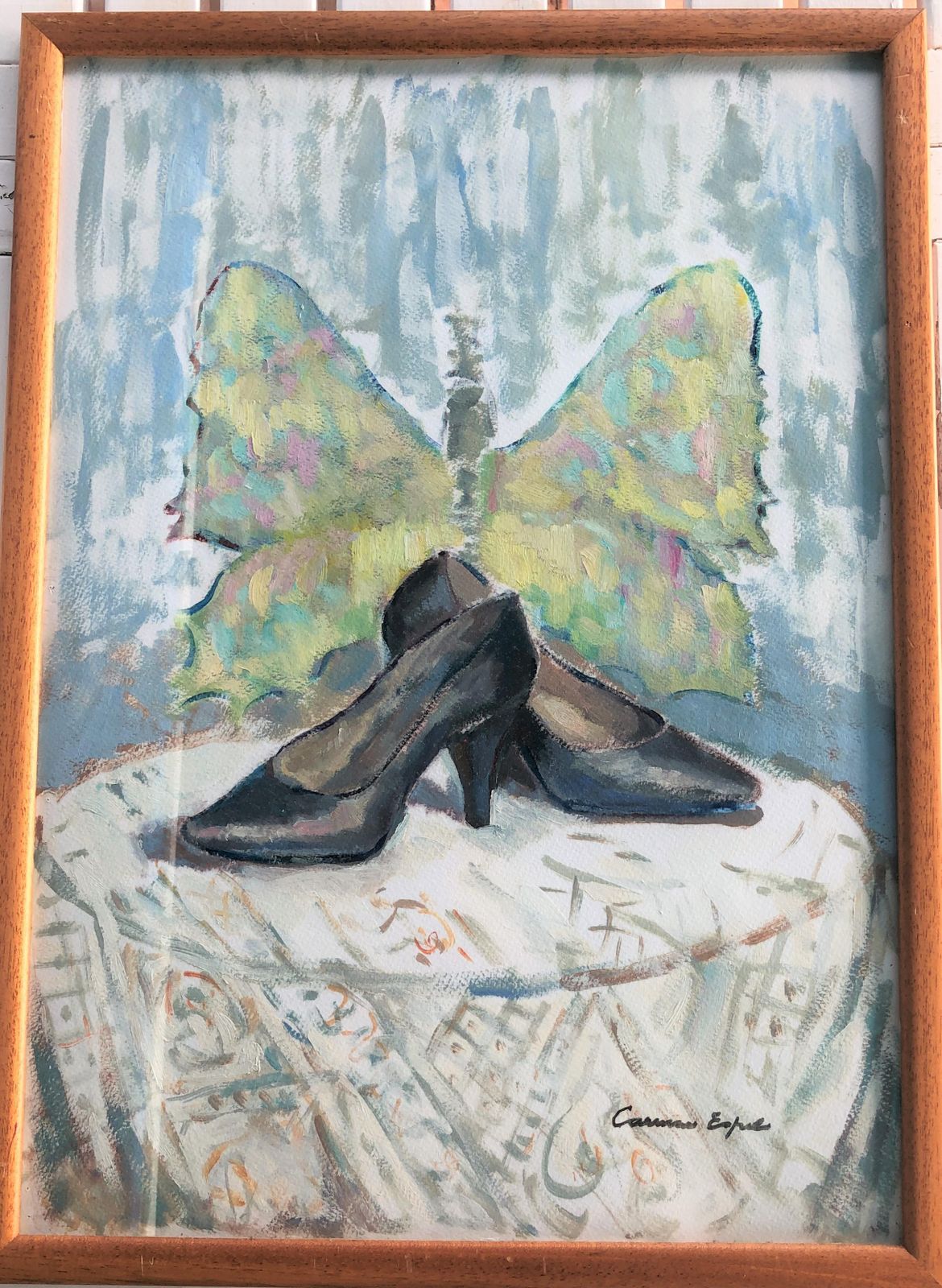 Carmen Espel Surreal Butterfly And High Heel Shoes Still Life, Post Impressionist Oil C.1980 photo furniture