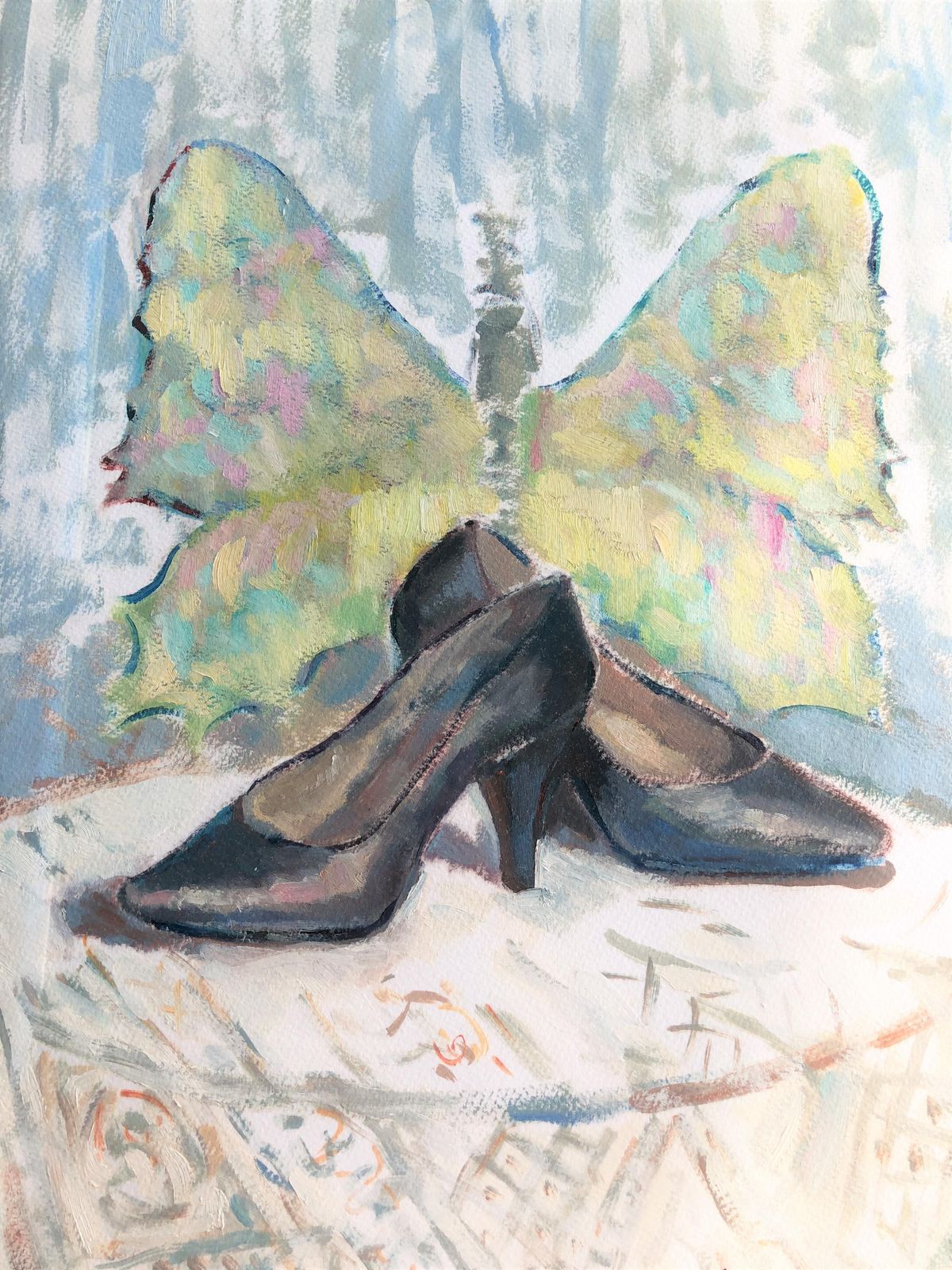 photo furniture Carmen Espel – Surrealistische Stillevenschildering Met Vlinder En Hoge Hakken, Post Impressionistisch Olieverfschilderij, Ca. 1980