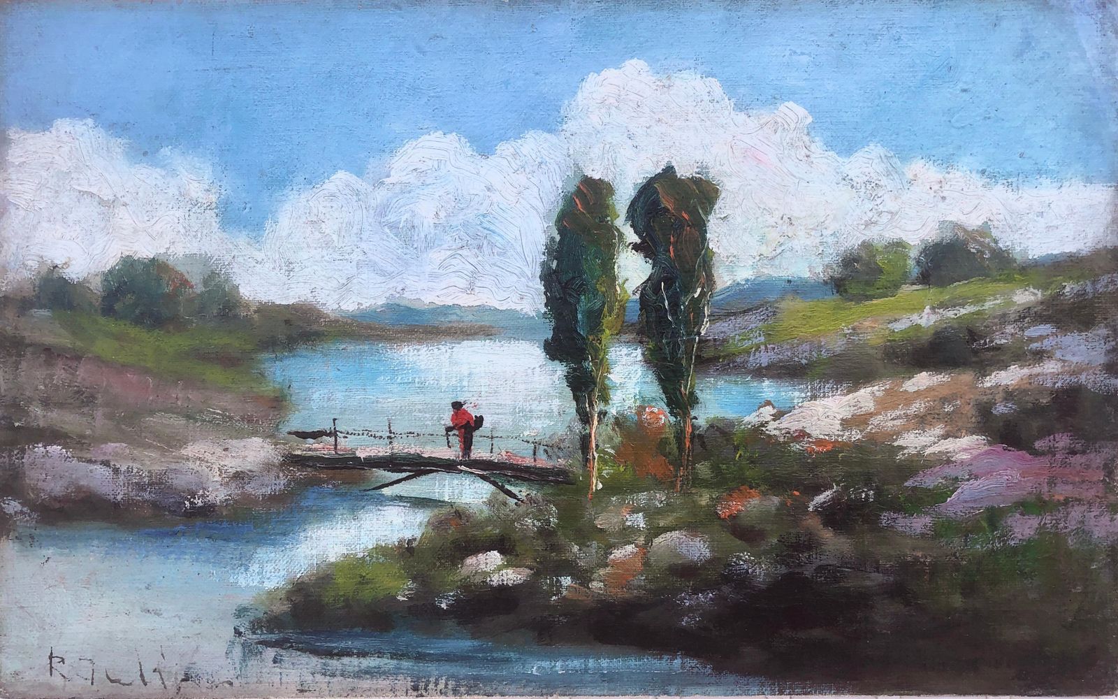 Unknown Spanish Impressionist River Landscape With Bridge And Figure Oil Barbizon Style C.1925
