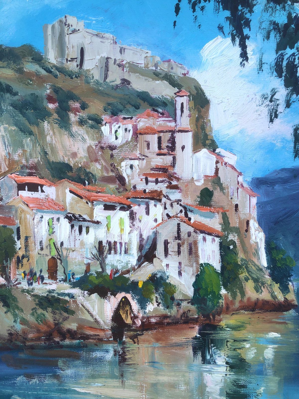 Albert Junyent Quinquer Spanish Mediterranean Village River Landscape Oil Painting Catalan Coast Spain 1976 photo buy