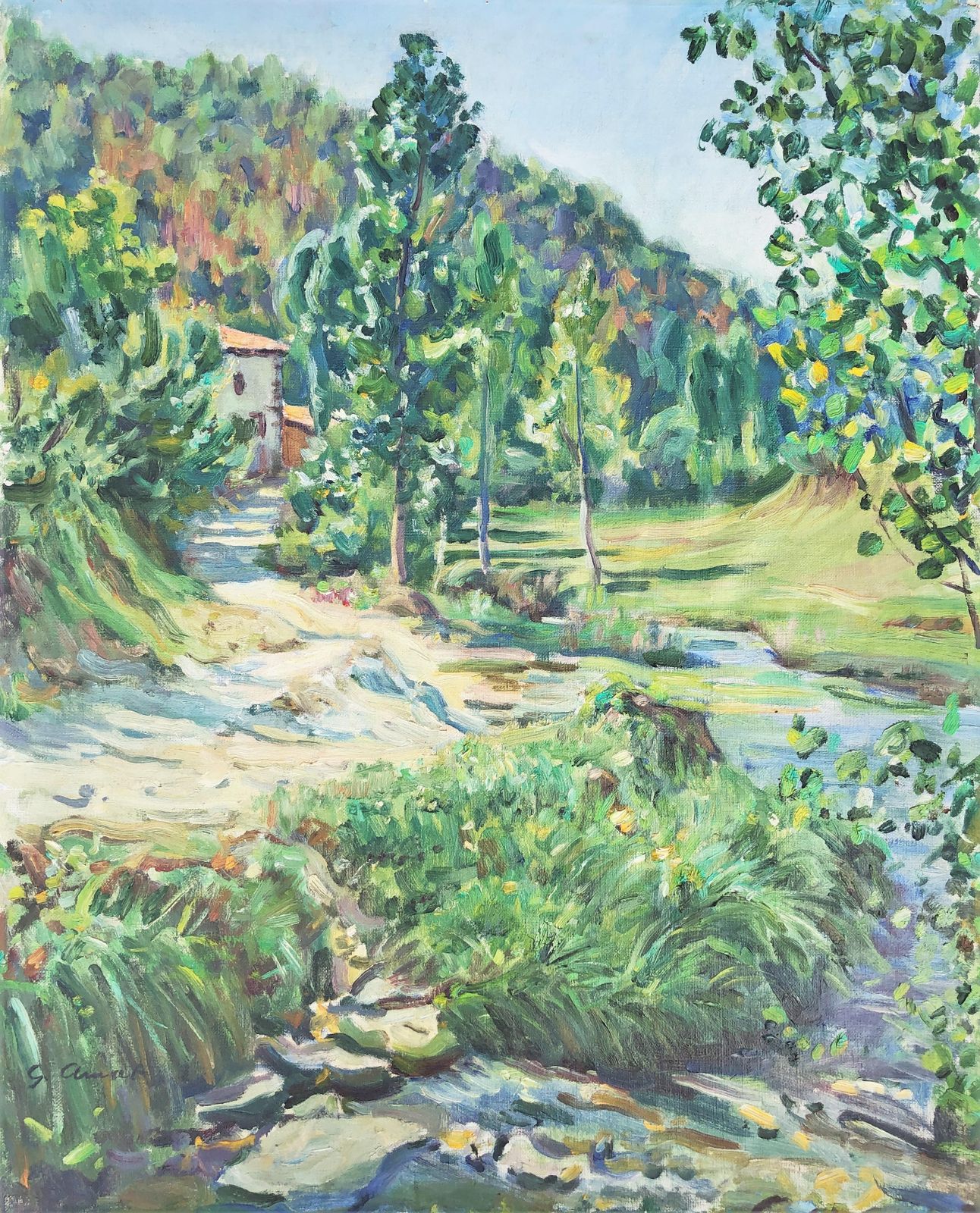 Gabriel Amat Pages Mid Century Mediterranean Landscape With Stream And Farmhouse, Spanish Impressionist Oil On Canvas 1950s