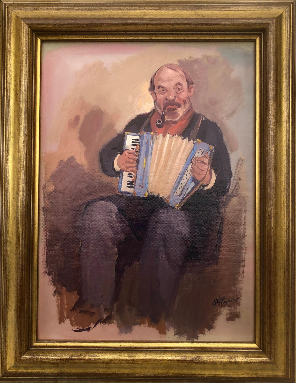 Albert Roca French Accordion Player Portrait Oil Painting Figurative European Interior Scene 1990s photo furniture