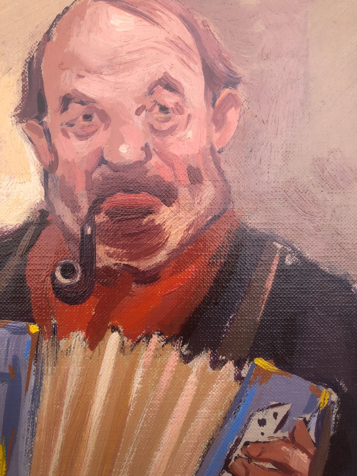 Albert Roca French Accordion Player Portrait Oil Painting Figurative European Interior Scene 1990s photo 800.0