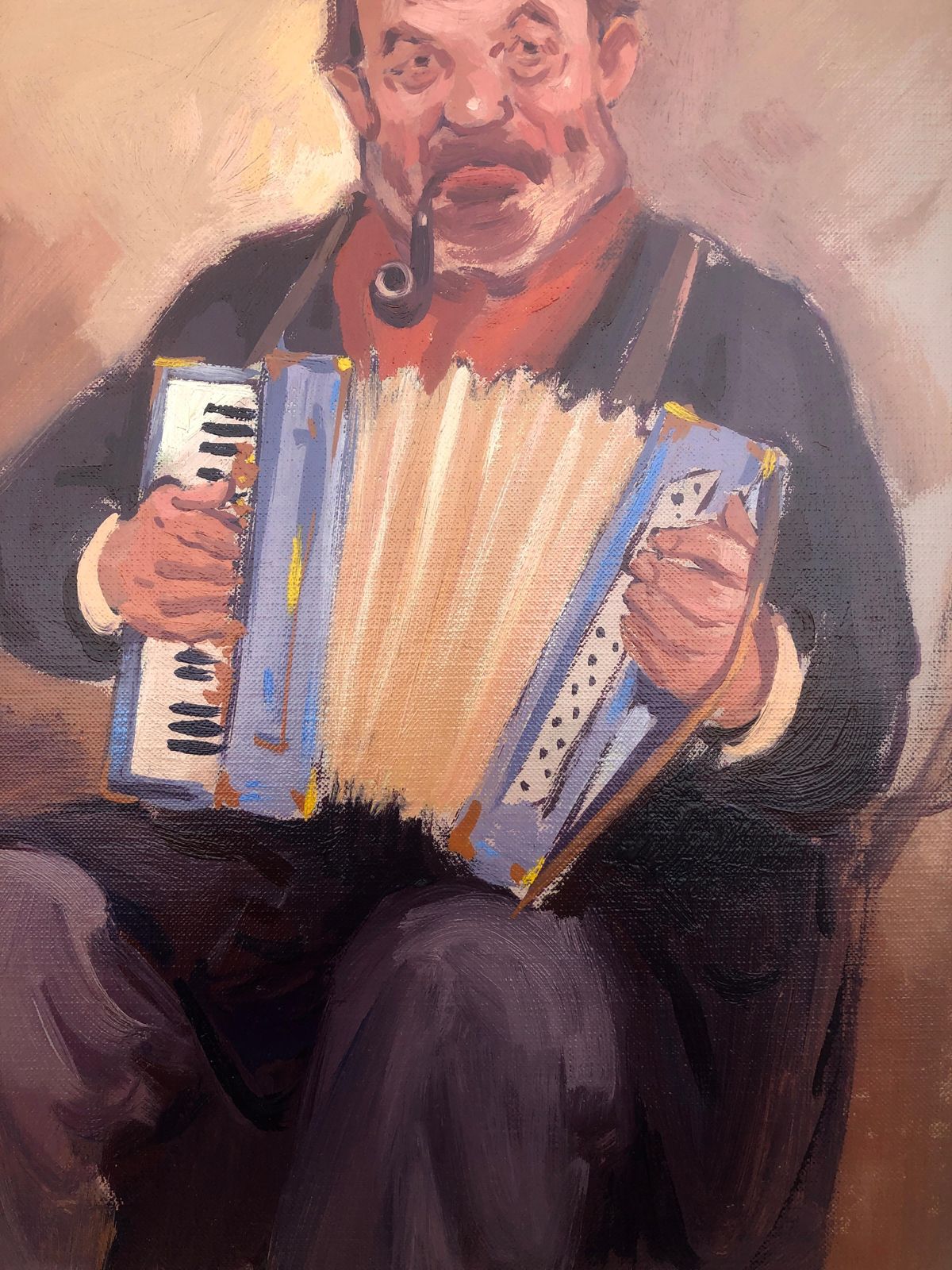 Albert Roca French Accordion Player Portrait Oil Painting Figurative European Interior Scene 1990s photo buy
