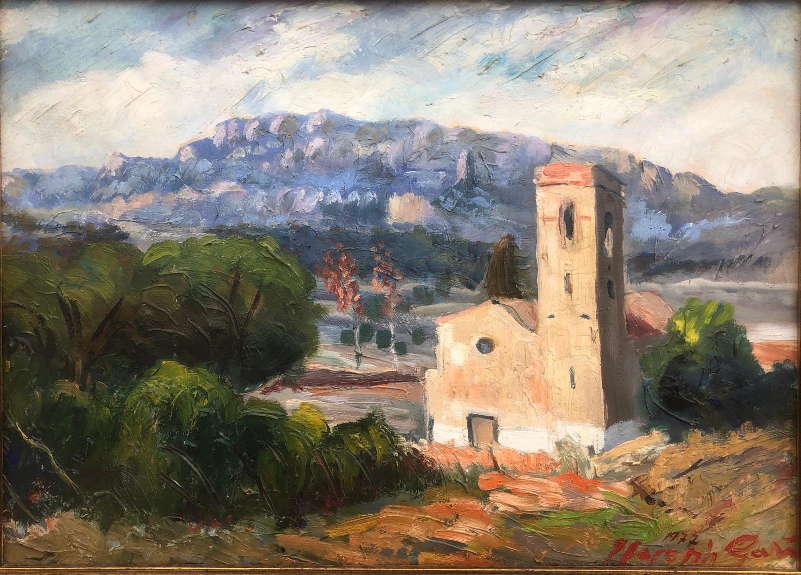 Joan Joseph Gari Mediterranean Church Landscape Catalan Post Impressionist Mountain Scene Oil 1977