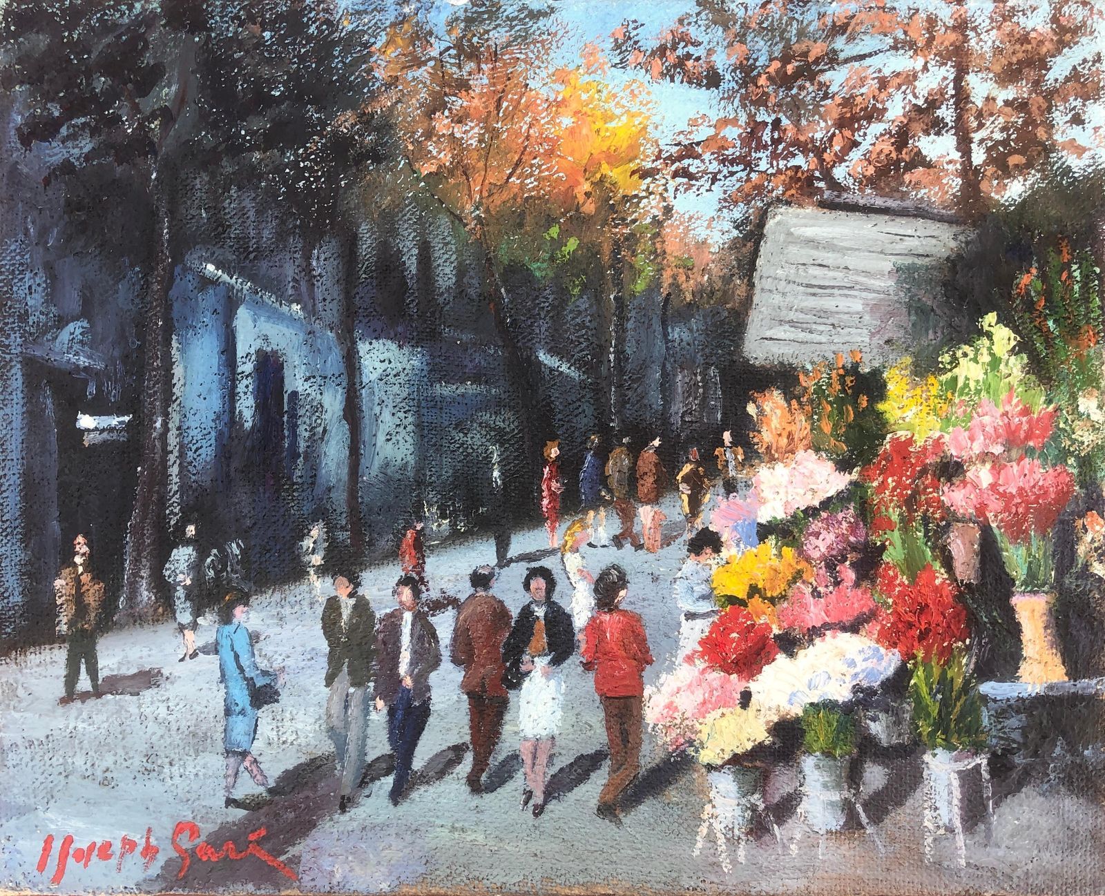 Joan Joseph Gari La Rambla Barcelona Flower Market Street Scene Spanish Post Impressionist Oil Painting 1978