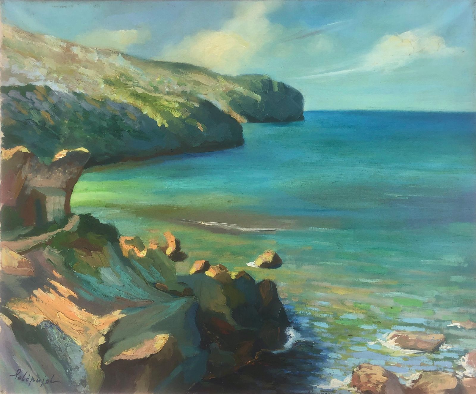 Josep Sole Pujol Mediterranean Coastal Landscape Mallorca Seascape Impressionist Oil Painting Art C.1965