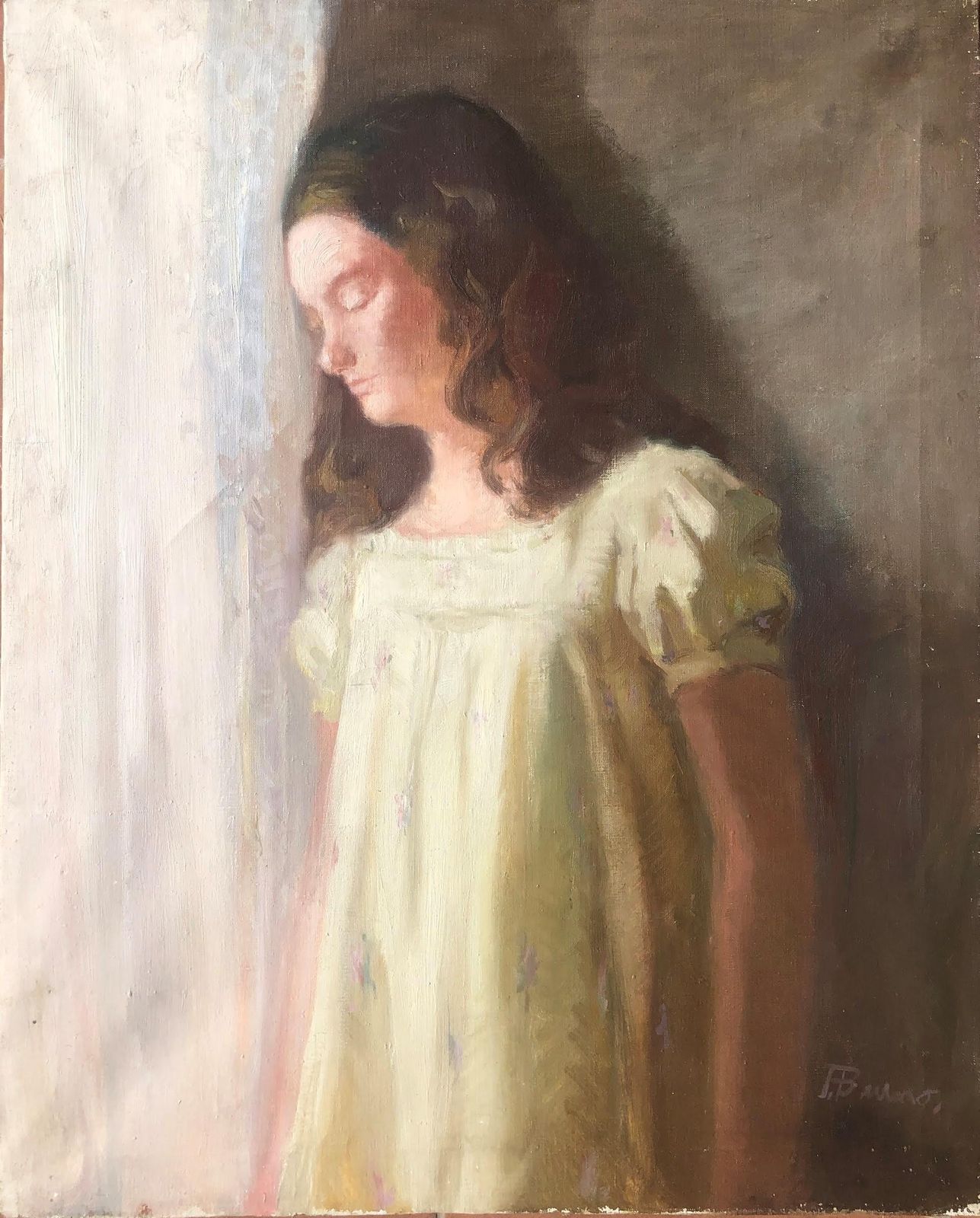 Pascual Bueno Ferrer Large Mid Century Spanish Female Portrait Oil Painting, Romantic Figurative Art