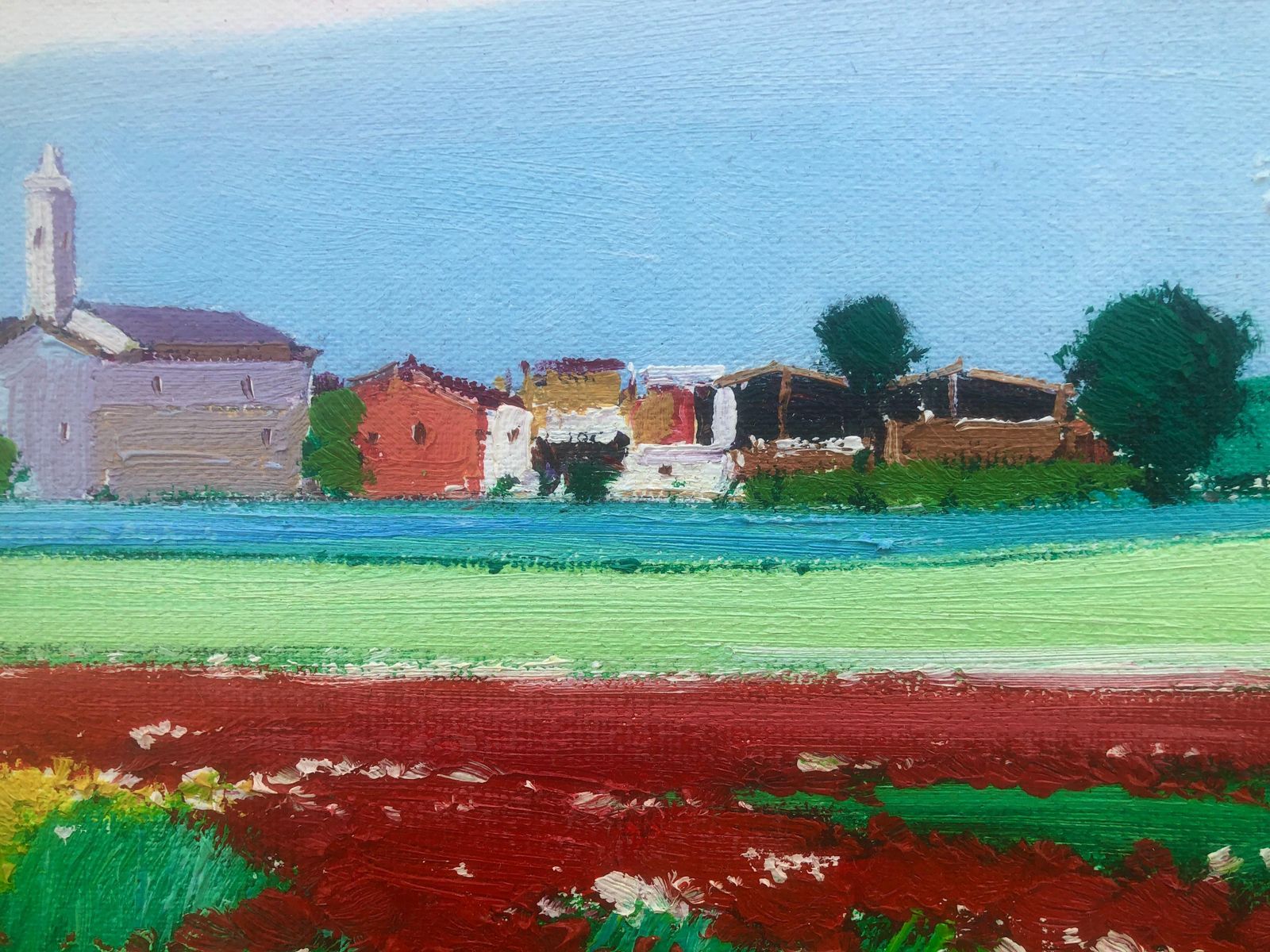 Agusti Gil Flowery Landscape Oil On Canvas Painting Spain Spanish Town C.2000 photo for sale