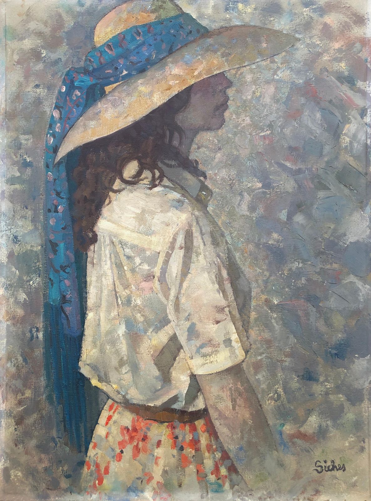 Alexandre Siches Woman With Hat In Profile Oil On Canvas Painting Portrait C.1980