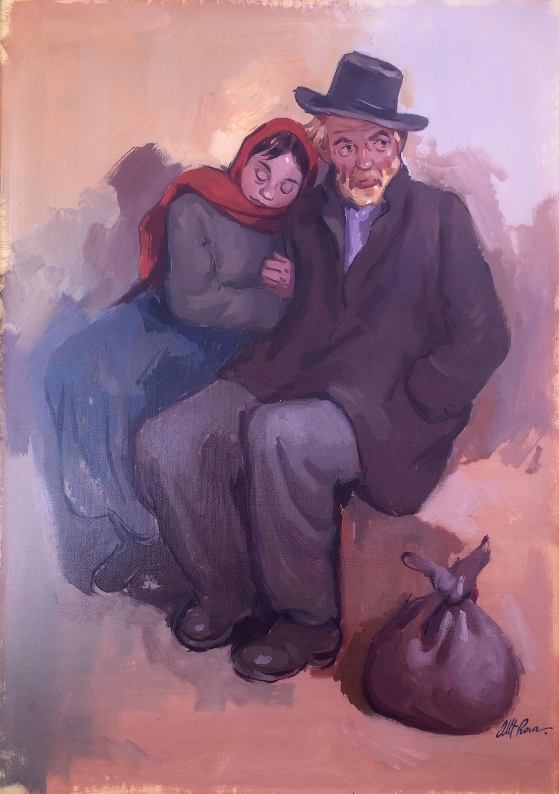 Albert Roca Mediterranean Figurative Painting Of Vagabond And Daughter Spanish Modern Oil C.1990