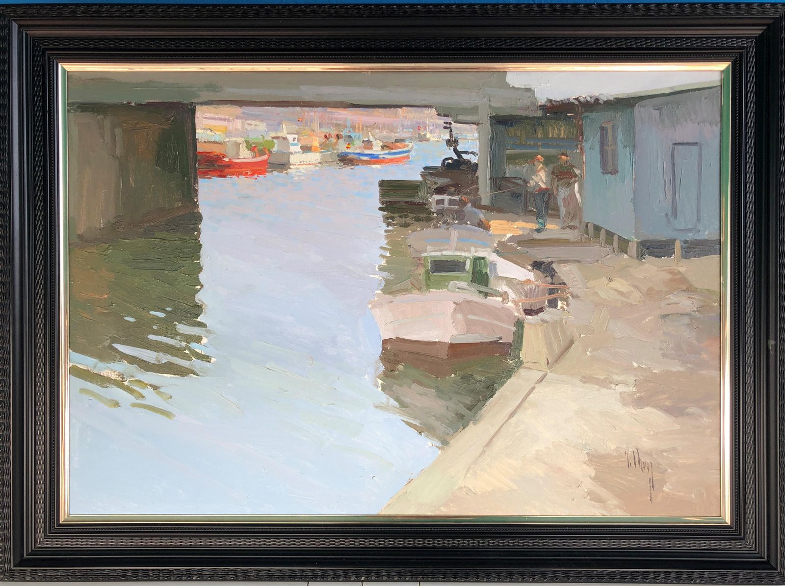 José Luis Checa Gandia Mediterranean Harbor Scene With Boats – Spanish Impressionist Port Painting, Gandia Valencia C.1990 photo furniture