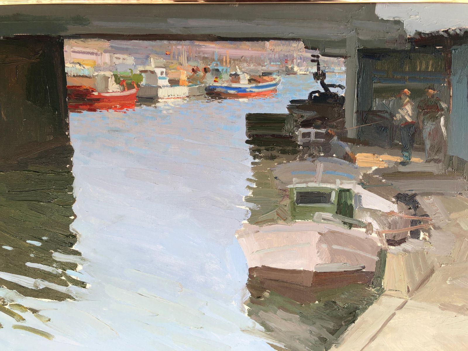 José Luis Checa Gandia – Mediterraan Havengezicht Met Boten – Spaans Impressionistisch Haventafereel, Gandia Valencia, Ca. 1990 photo vintage