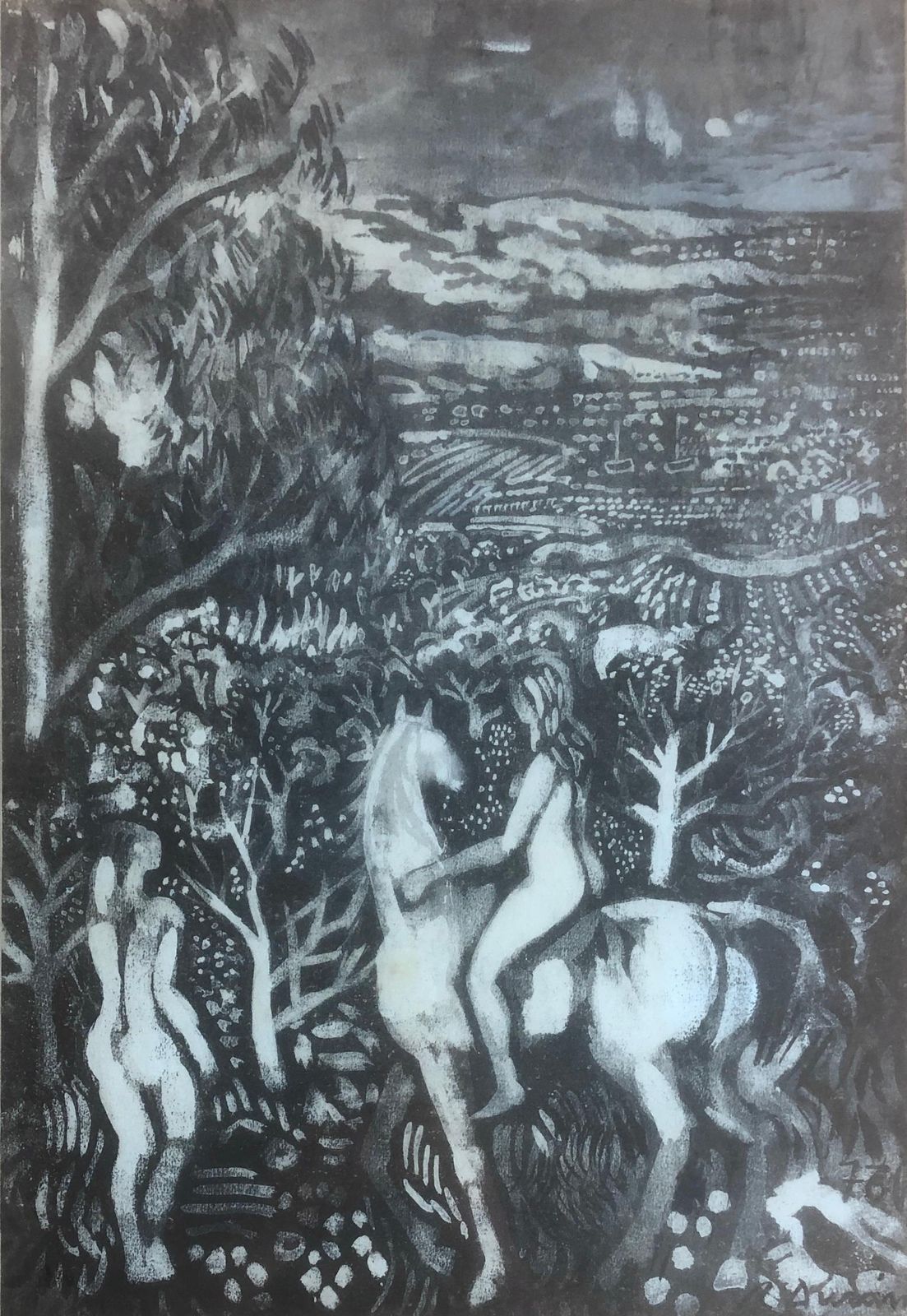 Rafael Duran Benet Dreamlike Surrealist Landscape Nude Figures White Horse Symbolic Mediterranean 1976