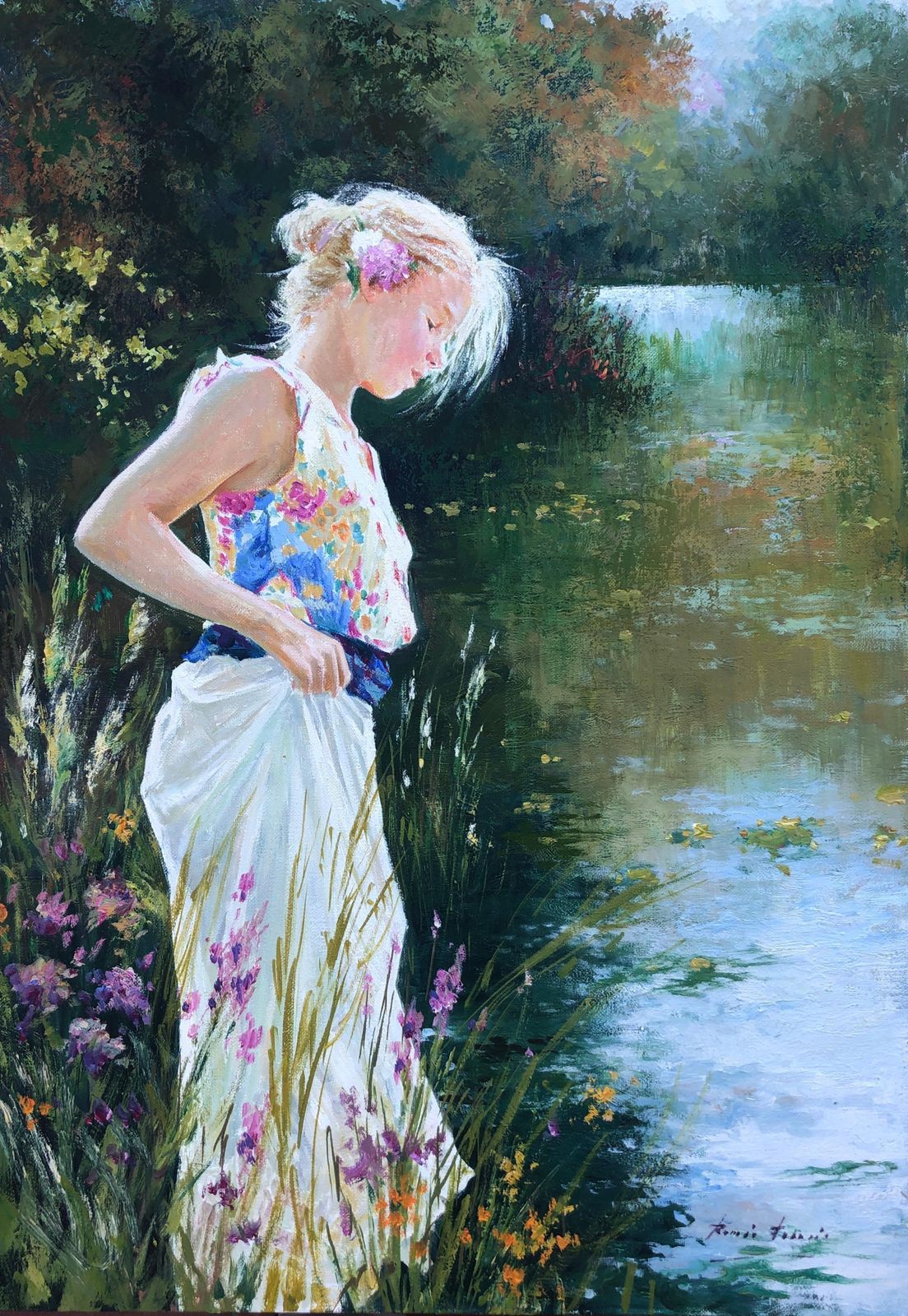 Roman Frances Young Woman By The River Oil On Canvas Painting C.2000