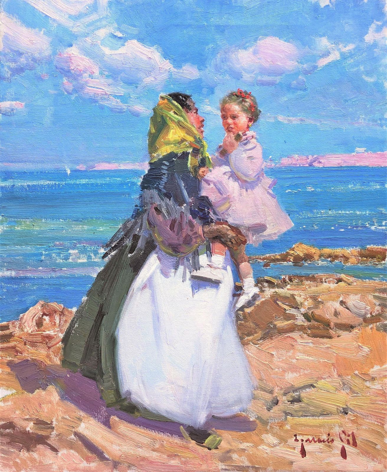 Ignacio Gil Sala Mother And Child Ibiza Beach Mediterranean Art Oil Painting Spain