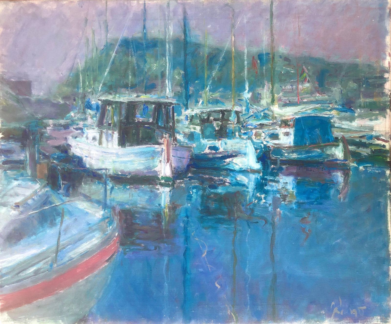 Gabino Rey Santiago Barcelona Fishing Port Oil On Canvas Painting Spanish Seascape 1986