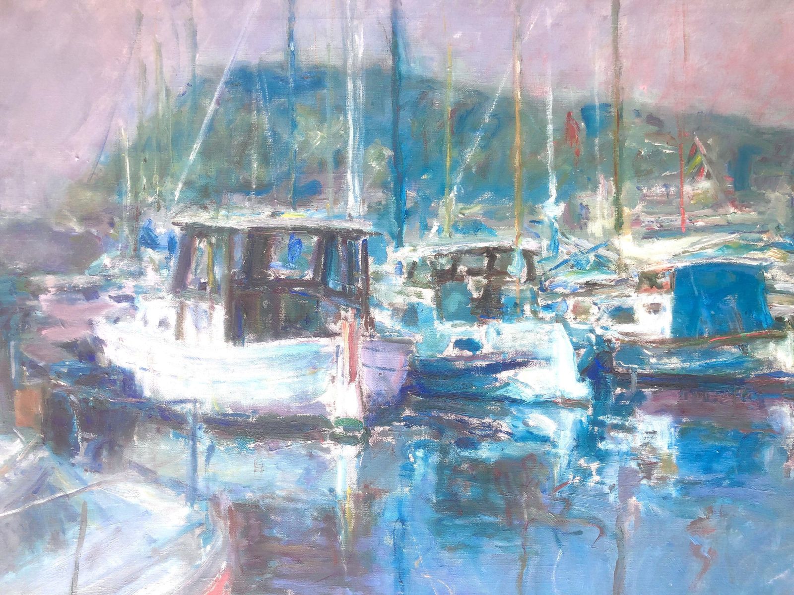 Gabino Rey Santiago Barcelona Fishing Port Oil On Canvas Painting Spanish Seascape 1986 photo buy