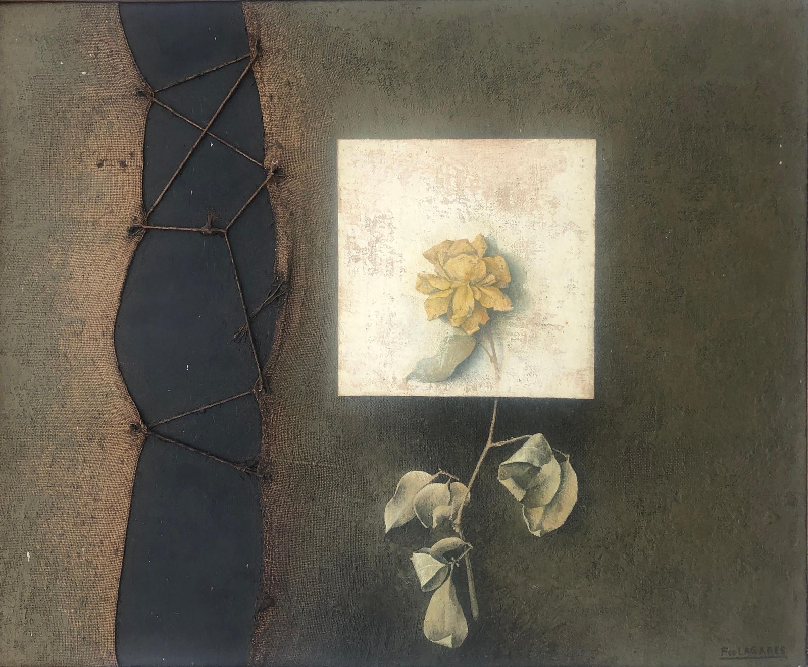 Paco Lagares Ropes Oil And Assemblage On Board Contemporary Art C.1980
