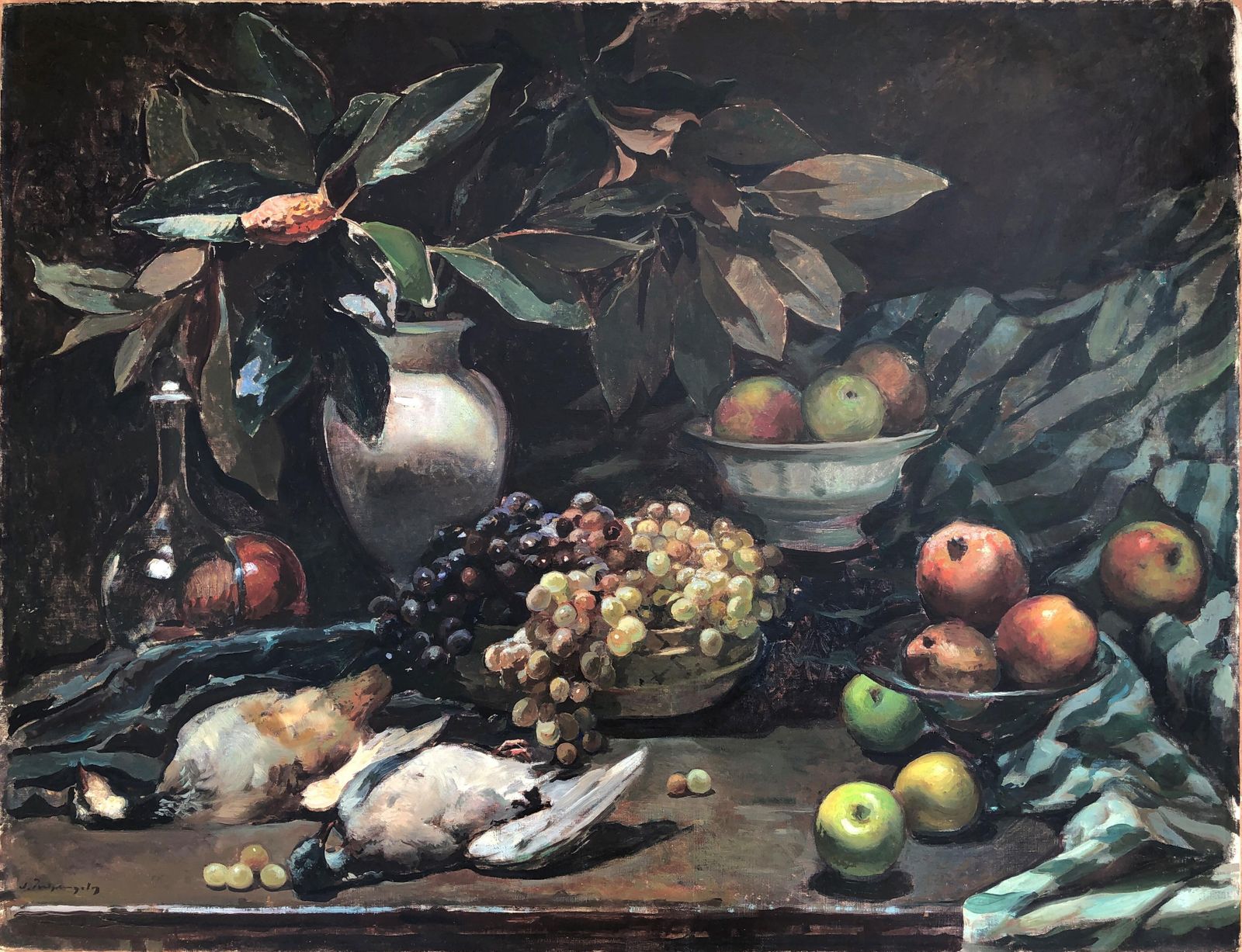 Josep Puigdengolas Large Spanish Classical Still Life With Quail And Fruit, Oil On Canvas, Post Impressionist Catalan School, C.1970