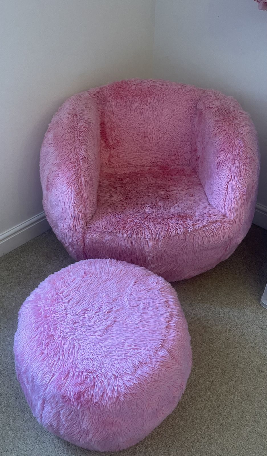 Large Pink Fluffy Faux Fur Swivel Chair And Coordinating Foot Stool