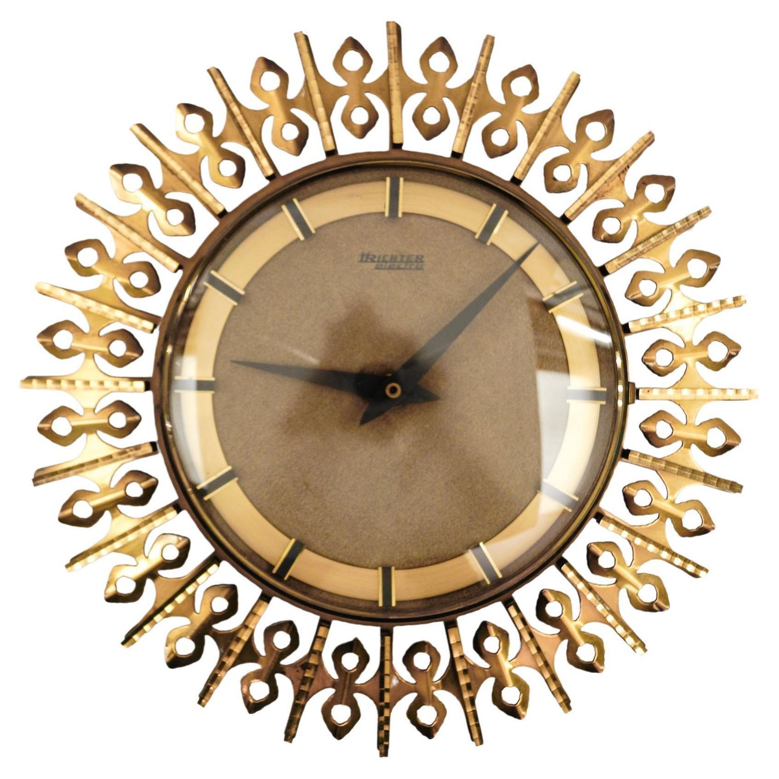 Mid Century Modern Sunburst Wall Clock By Trichter In Brass, 1960s Germany