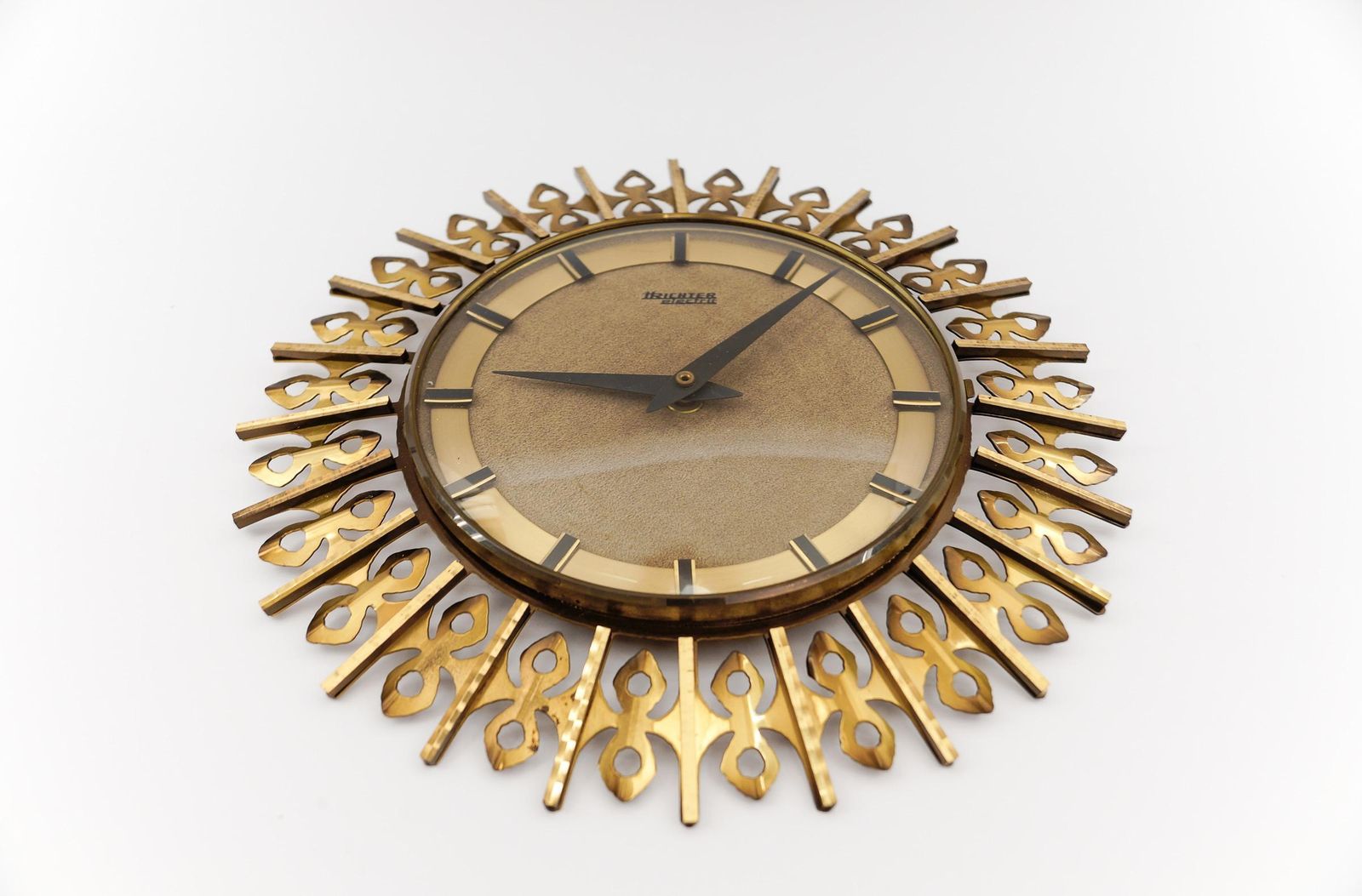 Mid Century Modern Sunburst Wall Clock By Trichter In Brass, 1960s Germany photo for sale