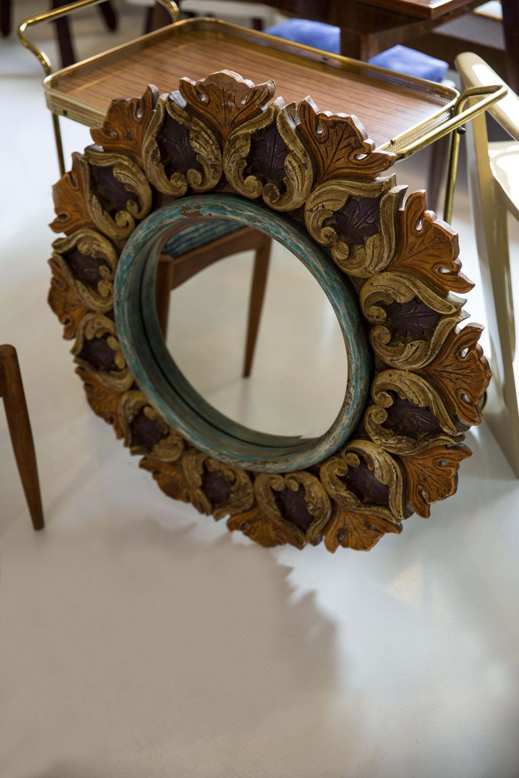 Midcentury Big Decorative Flowers Wood Original Glass Mirror, Italy, 1960s photo furniture