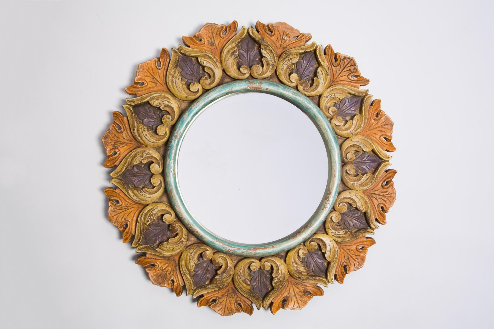 Midcentury Big Decorative Flowers Wood Original Glass Mirror, Italy, 1960s photo buy