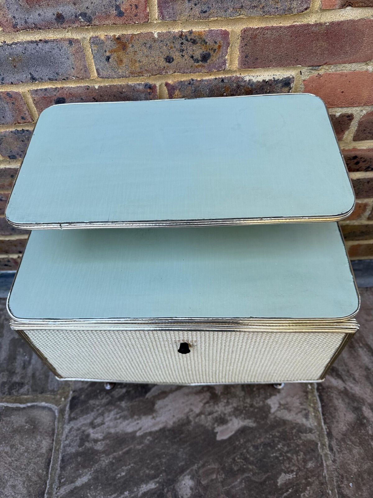 Rare Mid Century Bedside Cupboard, Super Retro Style With Woven Detail, Chrome Effect And Tapered Legs photo Furniture