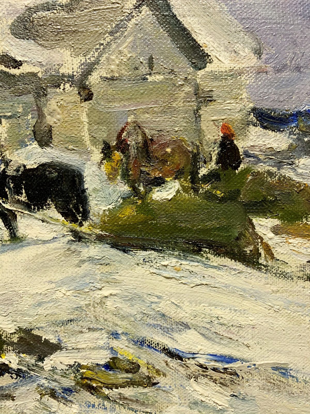 Leonid Vaichilia"Horses In The Yard" Oil 1967 Winter, Snow, White1967 photo for sale