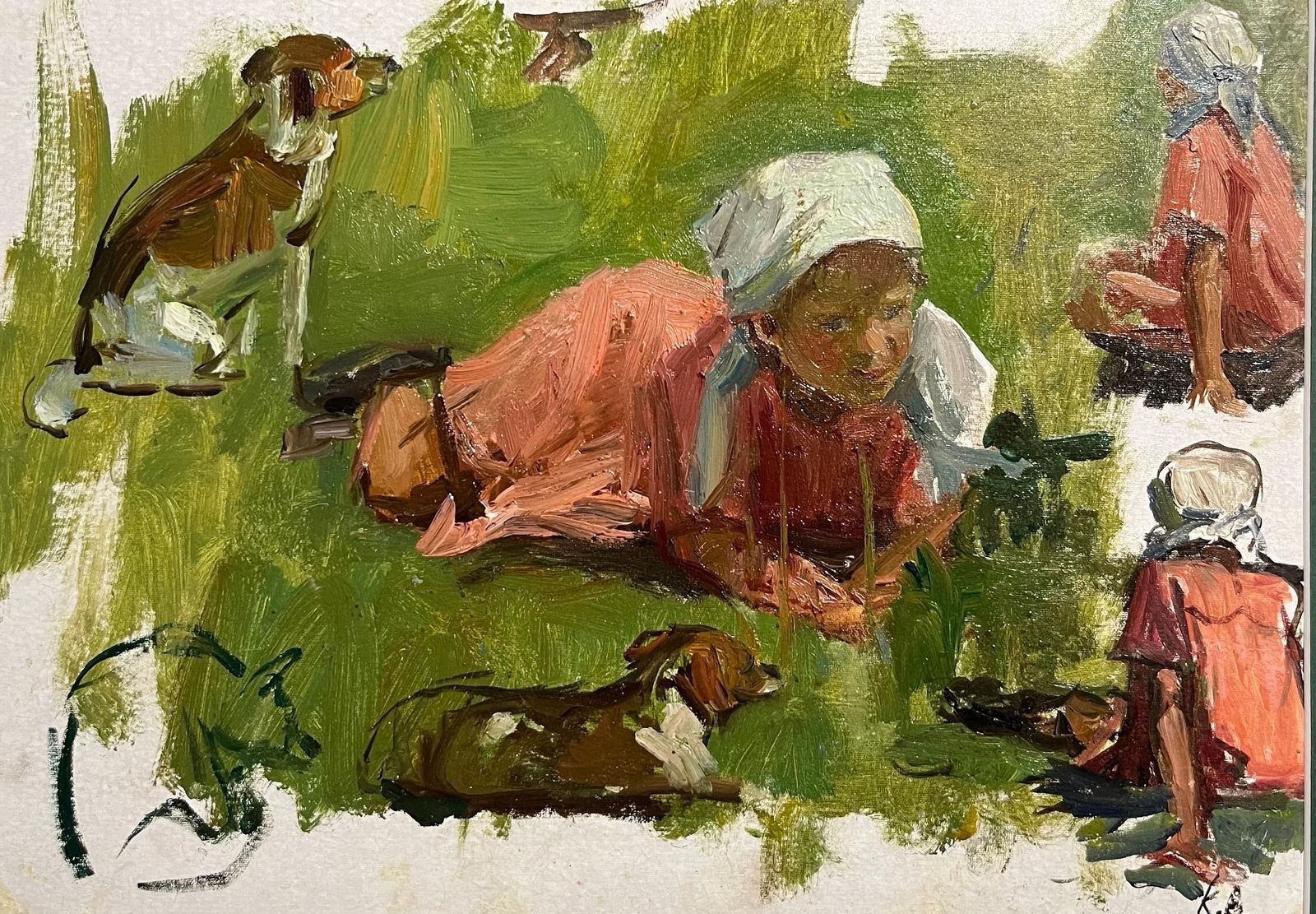 Klara Vlassova"Little Girl With Dog " Oil Cm.35 X 25  19501950 photo furniture
