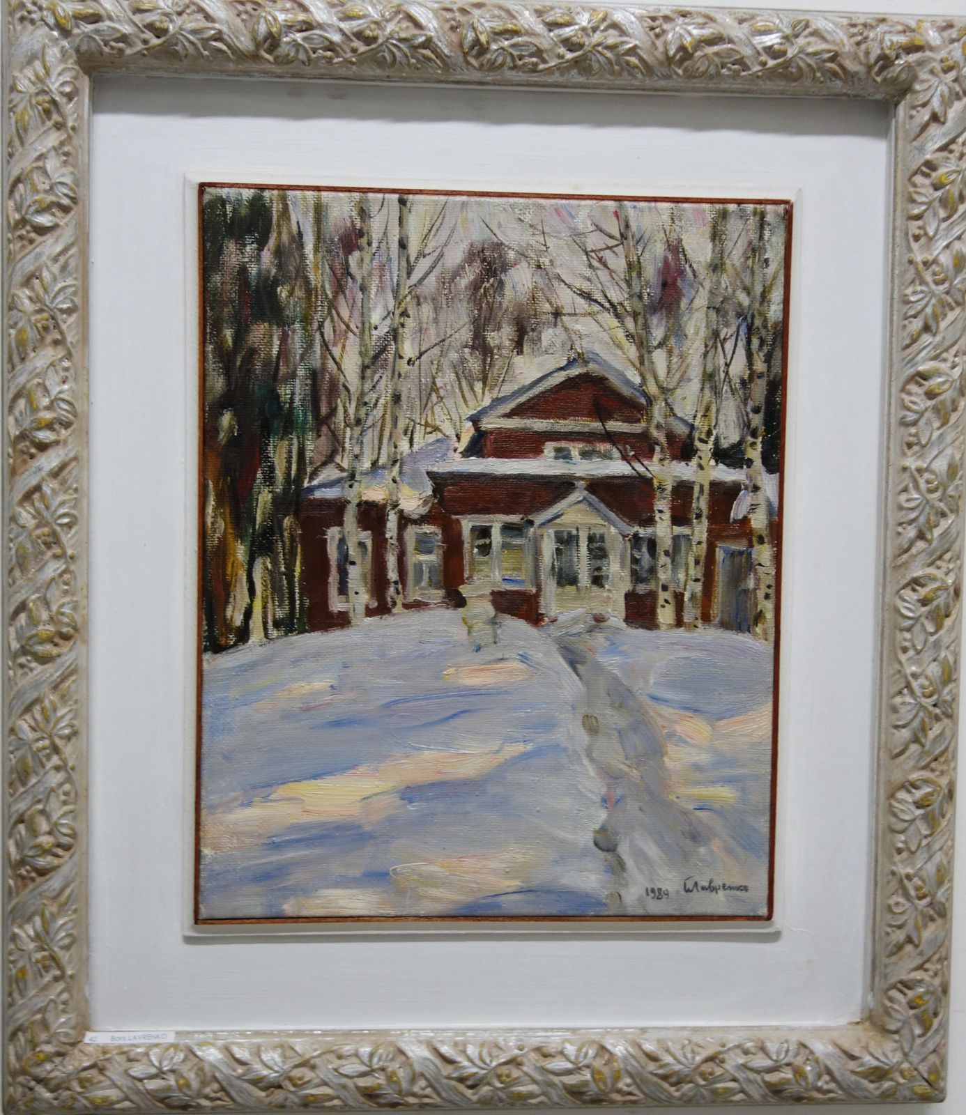 Boris Lavrenko"Red House" Snow, Forest, White, Red, Christmas, Oil  Cm. 34 X 43  19891989