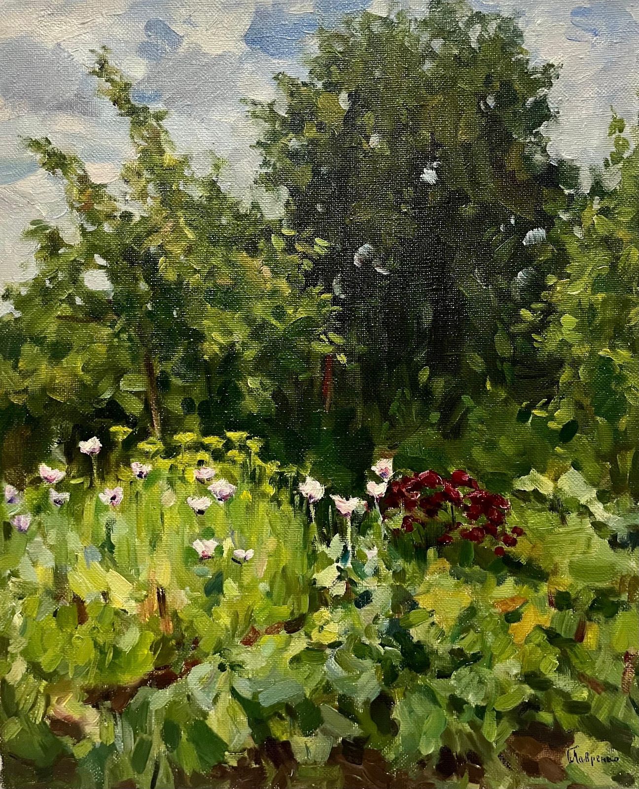 Boris Lavrenko"Giardino" Tulipani E Fiori Rossi Olio Cm. 50 X 60 19951996 photo furniture