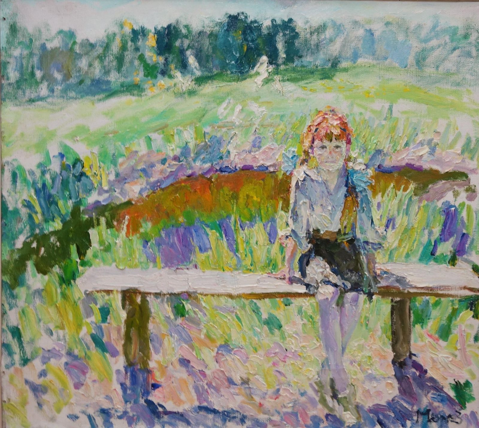 Georgij Moroz"Little Girl With Red Braids"Child, Green, Red, Spring  Cm. 89 X 98 2002