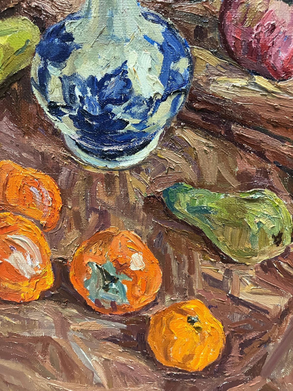 Maya Kopitzeva" Natura Morta Con Vaso Blu E Cachi Arancioni " Olio , Cm 69 X 59  19871987 photo Art