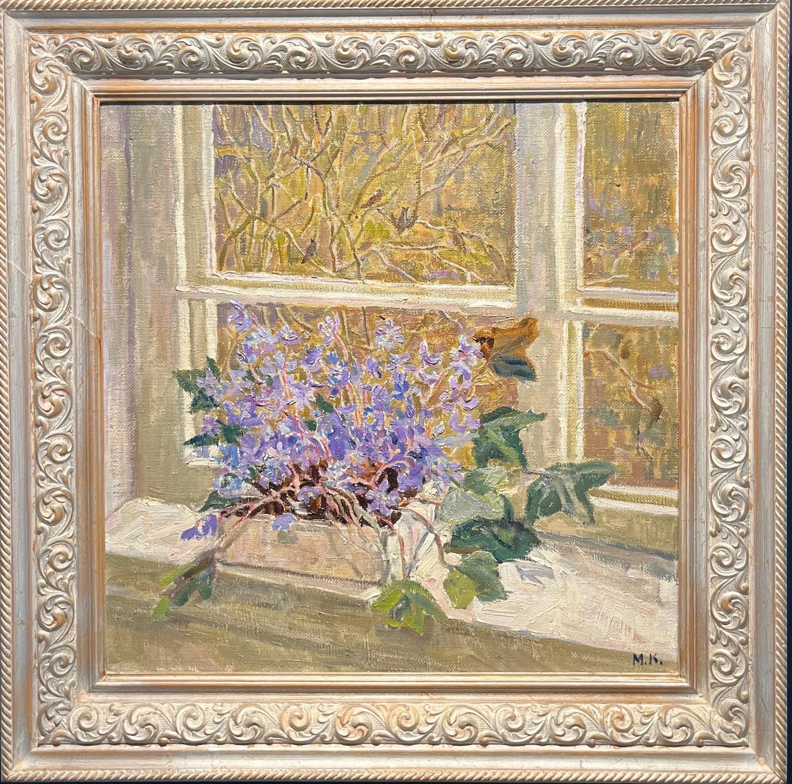 Maya Kopitzeva"Snowdrop"Flowers , Window , Violet, Violets Oil Cm.  55 X 55 1998