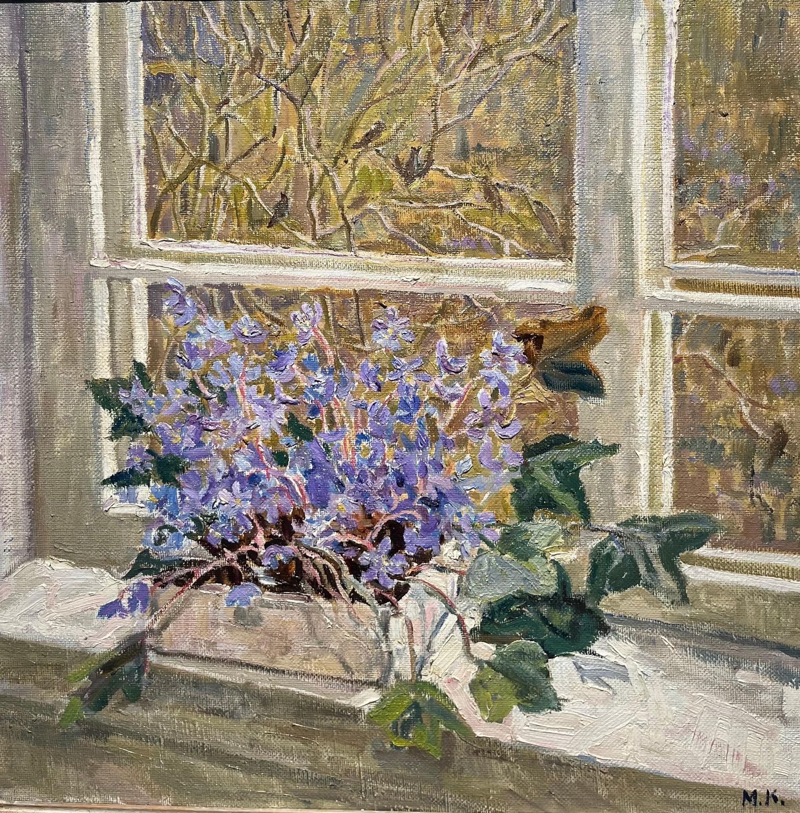 Maya Kopitzeva"Snowdrop"Flowers , Window , Violet, Violets Oil Cm.  55 X 55 1998 photo furniture