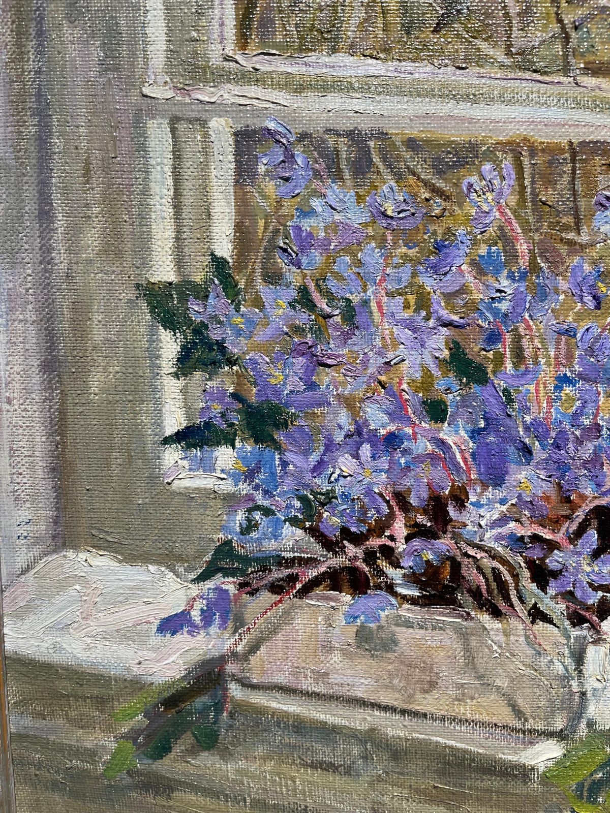 Maya Kopitzeva"Snowdrop"Flowers , Window , Violet, Violets Oil Cm.  55 X 55 1998 photo 6378.0