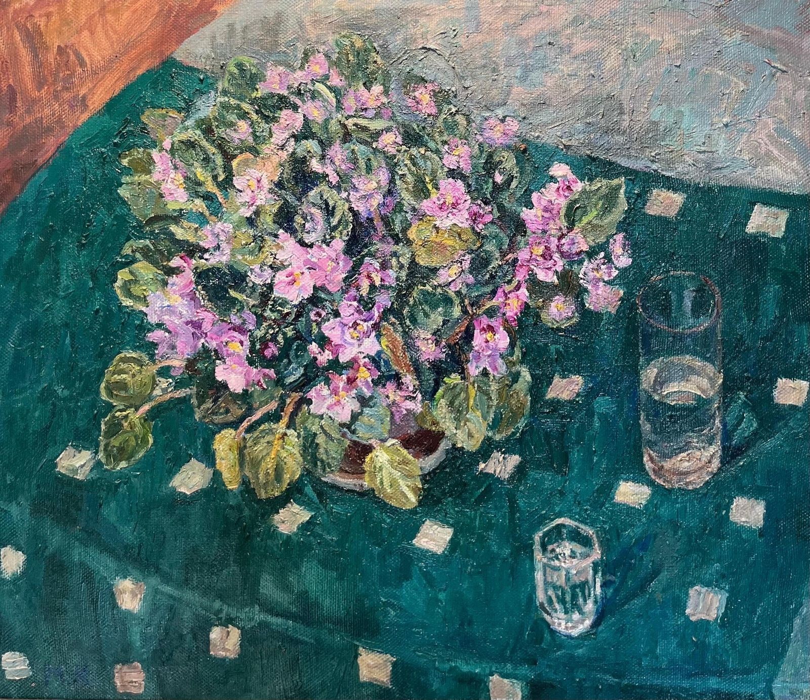 Maya Kopitzeva" Violets On A Green Tablecloth" Oil Cm. 70 X 60 photo furniture