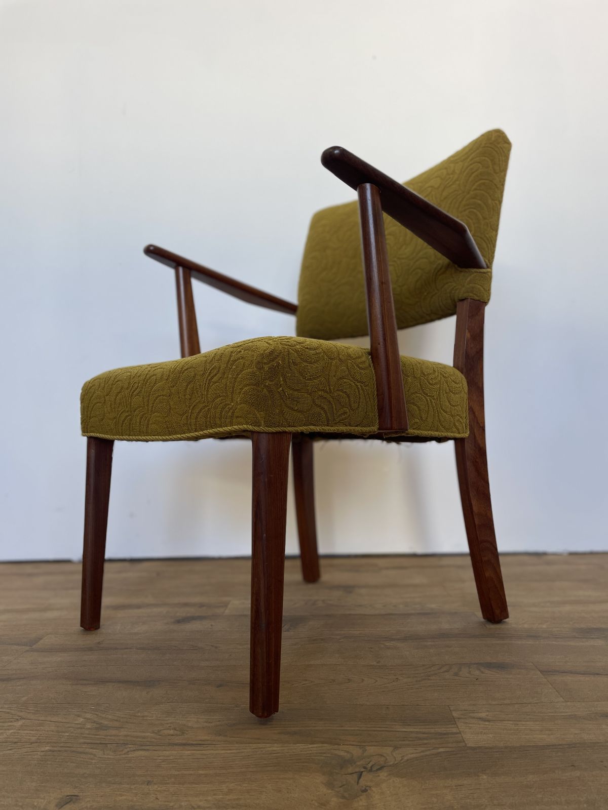 Danish Teak Upholstered Armchair W/ Green Fabric photo vinterior