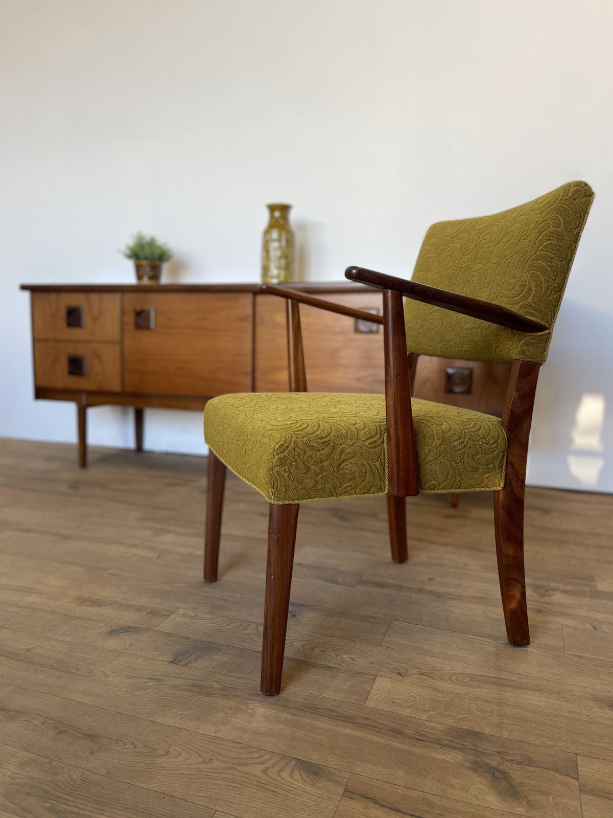 Danish Teak Upholstered Armchair W/ Green Fabric photo vintage