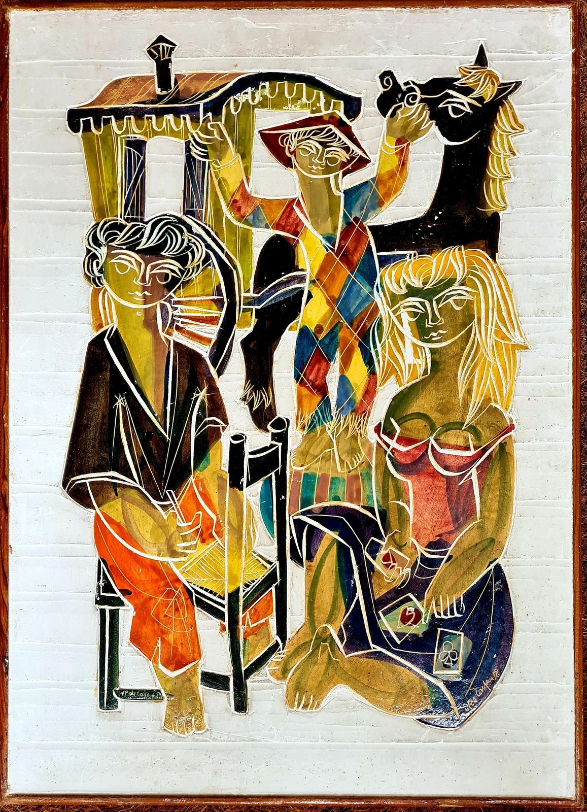 Jean Pierre De Cayeuxmid Century Sgraffito, Saltimbanque And The Card Player, Circle Of Picasso.1959