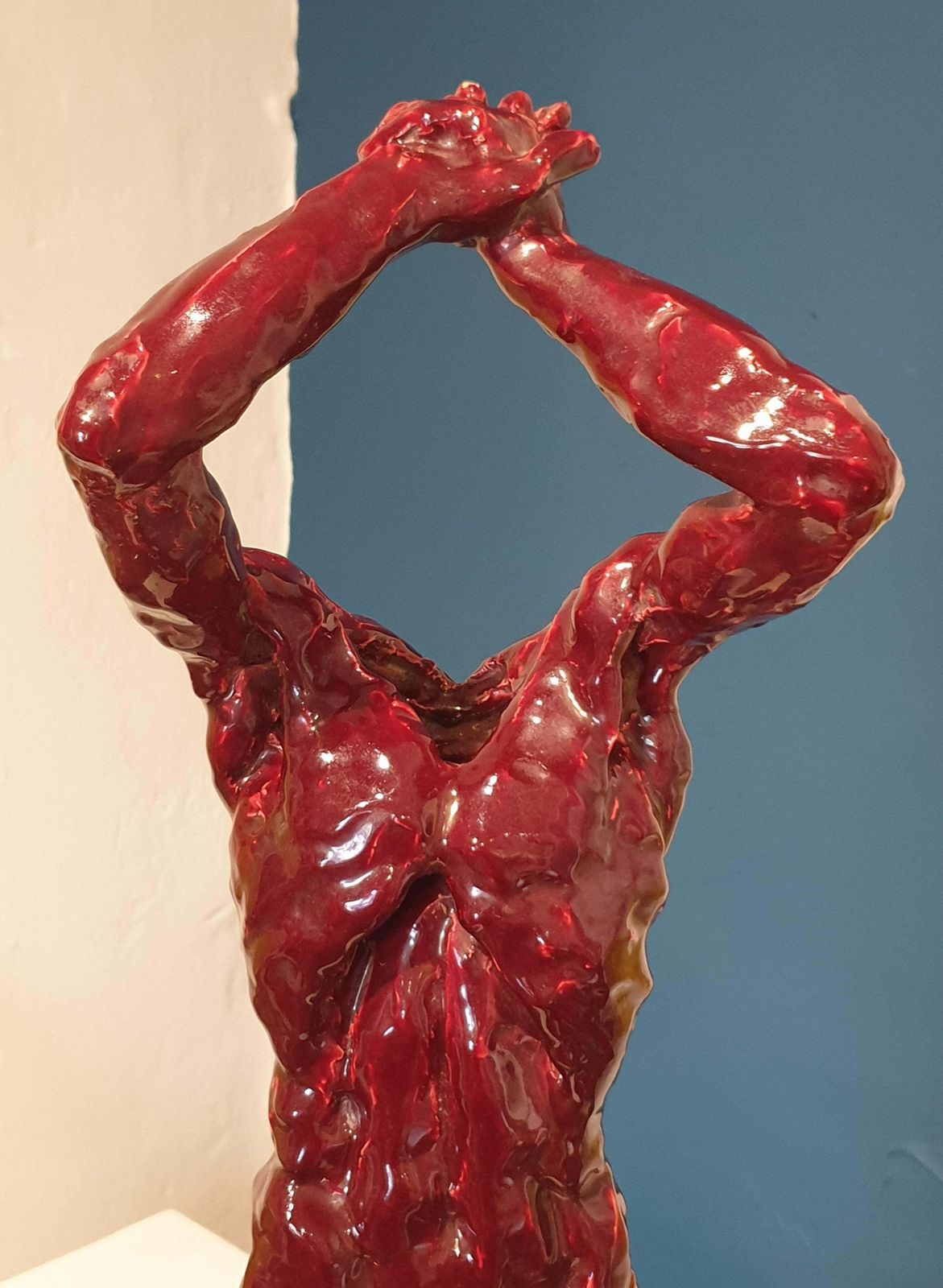 photo for sale Mid Century Nude Male Acephale Sang De Boeuf Ceramic Sculpture With Marble Base.