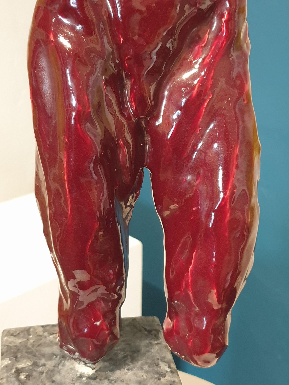 photo vinterior Mid Century Nude Male Acephale Sang De Boeuf Ceramic Sculpture With Marble Base.