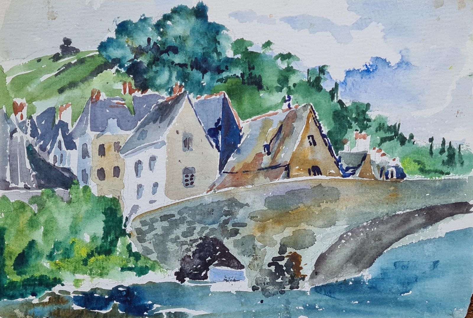 Henri Clamen1930s French Barbizon School Watercolour, Village And Bridge By A River, Dinard1939